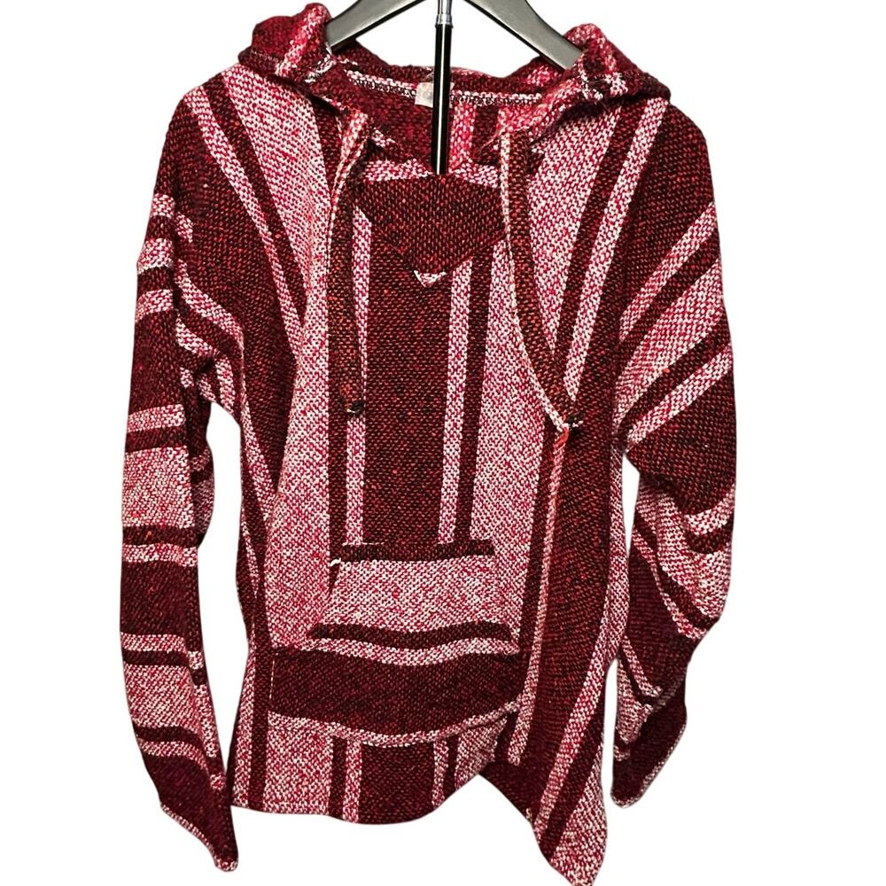 VTG Mexican Baja Hoodie Jerga Drug Rug Striped Red White Large Boho Gorpcore